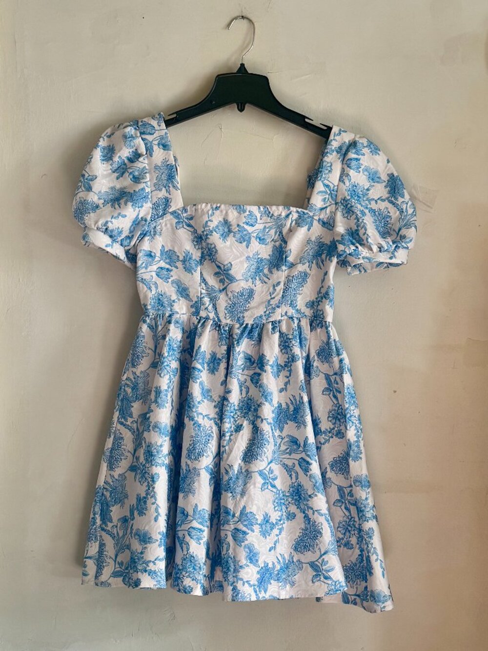 Blue & White Floral Puff Sleeve Romantic Vintage-Inspired Mini Dress